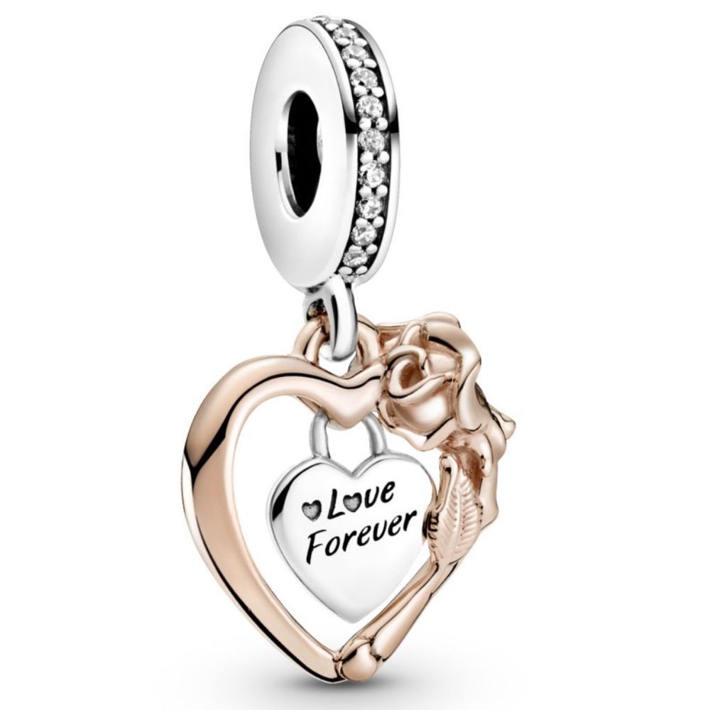 Pandora Heart & Rose Flower Dangle Charm